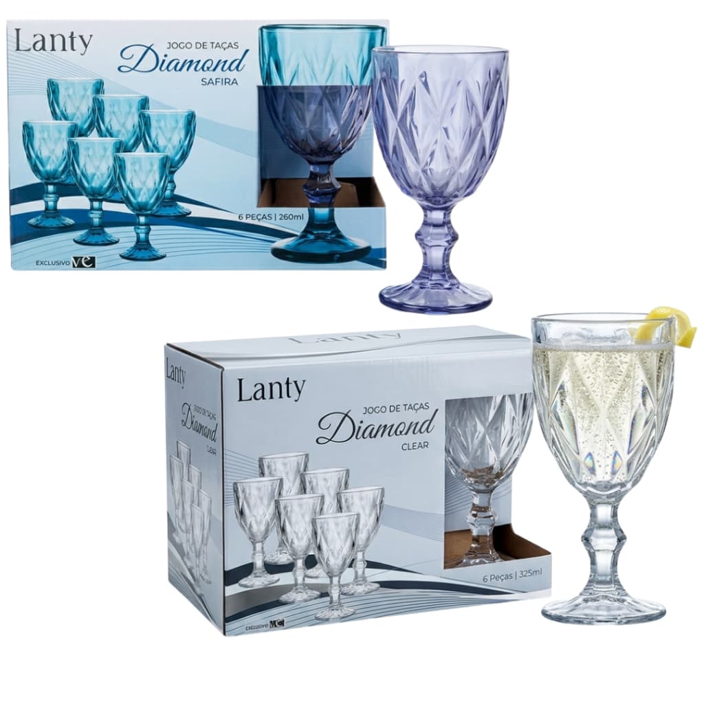 Jogo de Taças Diamante Copo Vidro Transparente Bico De Jaca 260ml e 325ml