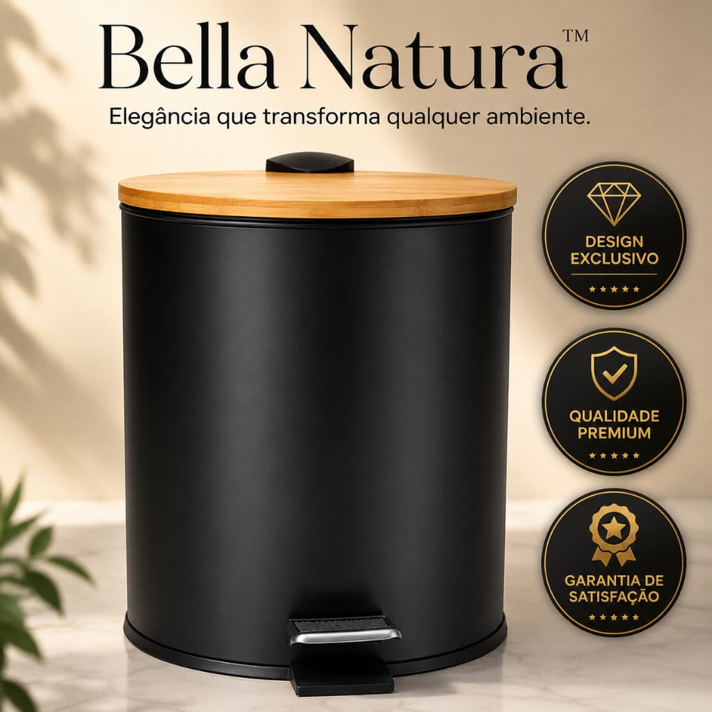 Lixeira 5L com Pedal Tampa Bambu Preta Fosca Premium para Banheiro e Cozinha