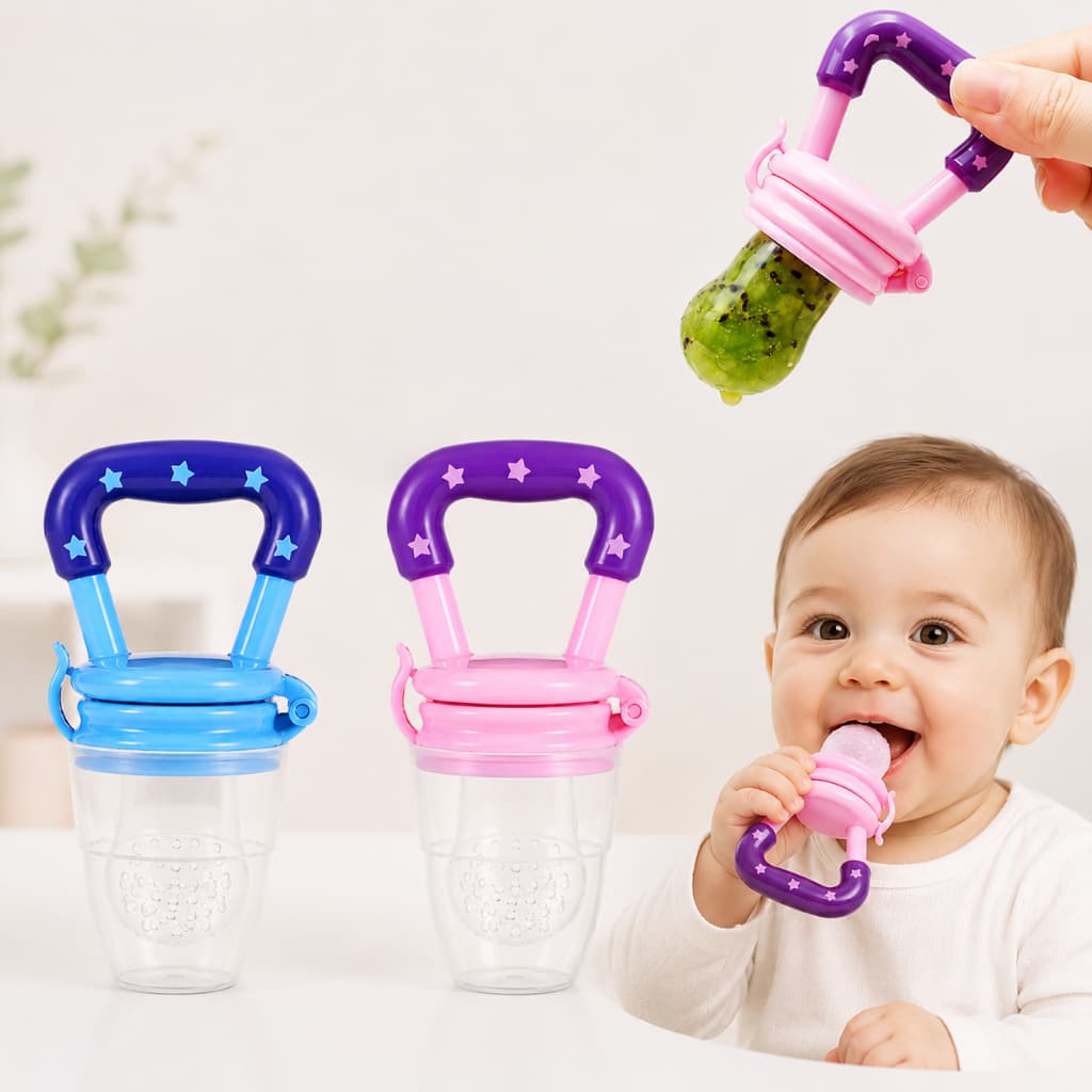Chupeta Mordedor Alimentador com Porta Frutas para Bebê | Livre BPA com Tampa Rosa e Azul - Introdução Alimentar