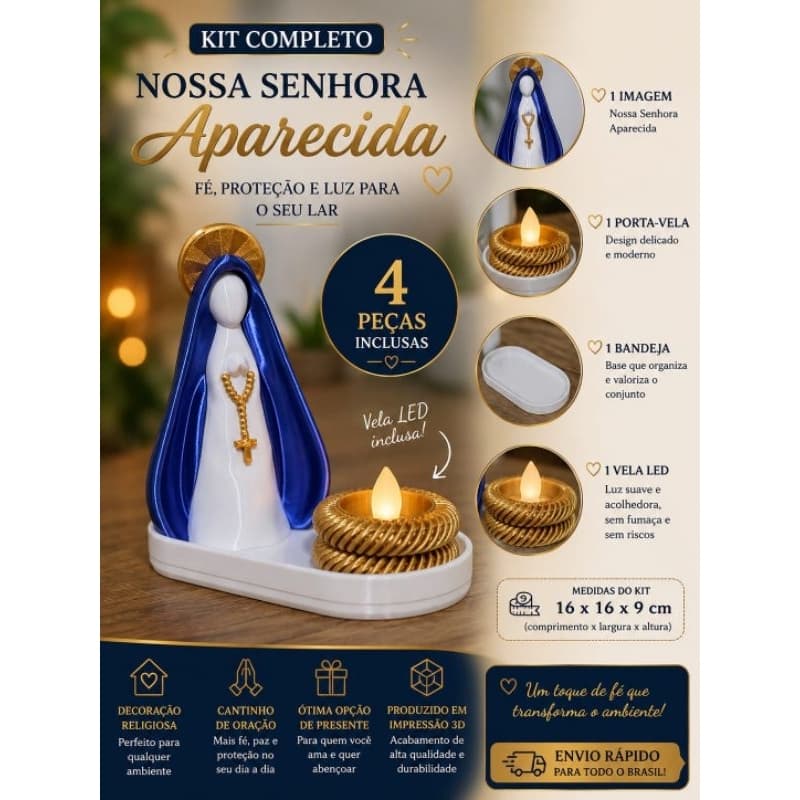 Kit Nossa Senhora Aparecida Decorativo com Vela LED e Bandeja | Imagem Católica | Decoração Religiosa