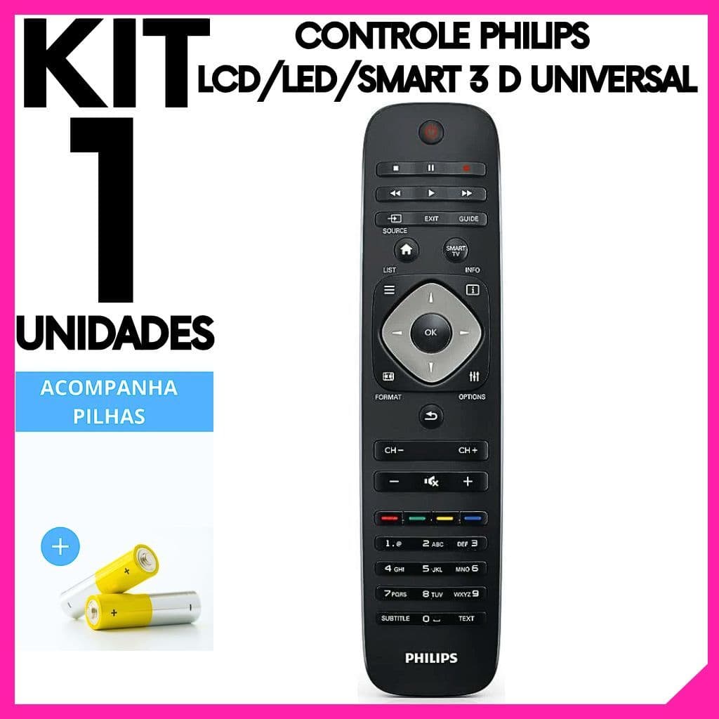 Controle Remoto Philips Smart TV 3D /LCD /LED Universal Alta Compatibilidade + 2 Pilhas AAA