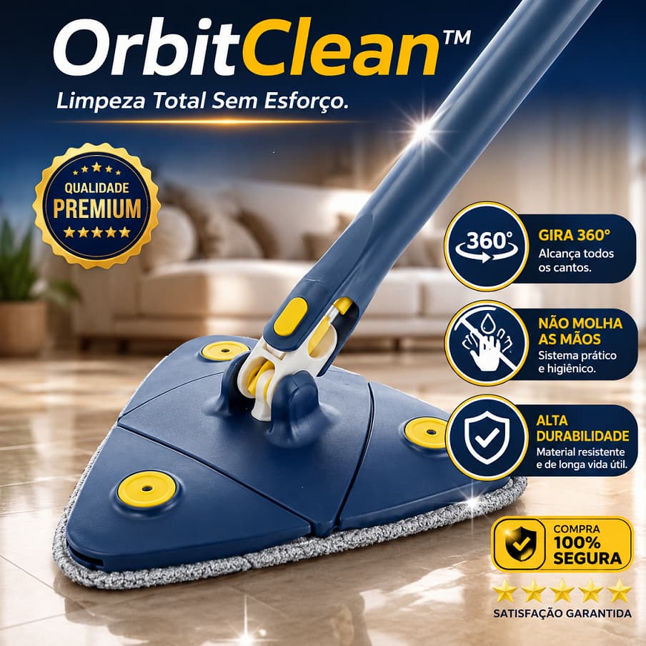 Mop Giratório 360° Triangular OrbitClean™ Esfregão de Microfibra Limpa Cantos Cabo Ajustável