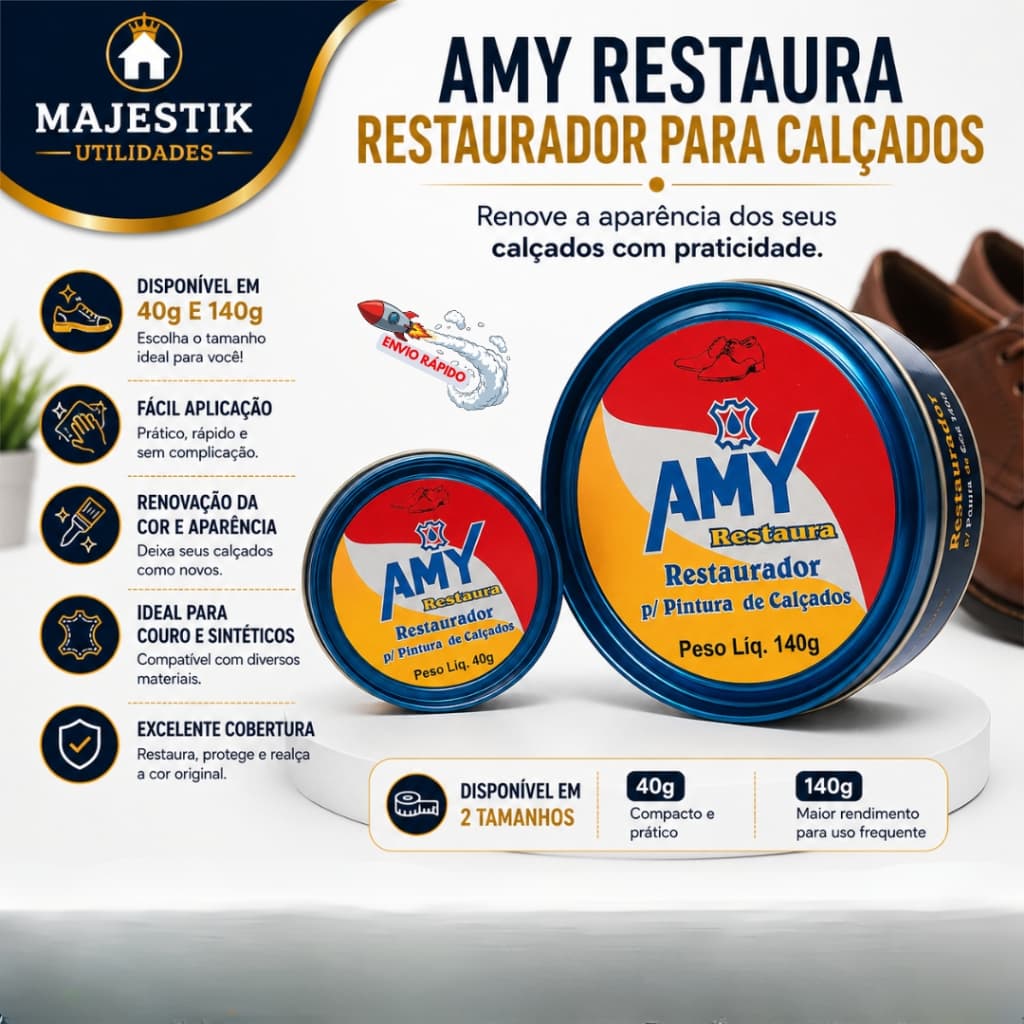 Graxa para Sapatos Restaurador Para Pintura de calçados Amy 140g / 40g - Alto Brilho, Conserva Couro