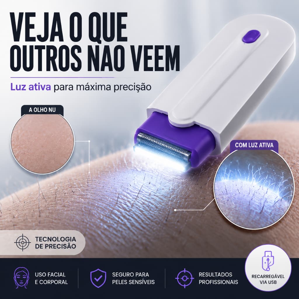 Depilador 2 em 1 Feminino Luz LED USB Sem Dor Portátil Rosto e Corpo Recarregável