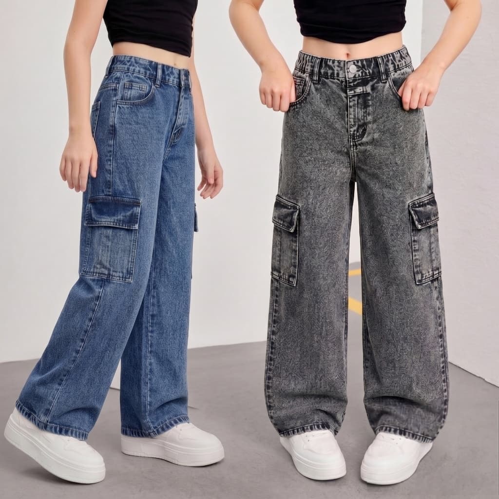 Kit 2 Calças Cargo Infantil Juvenil Menina Wide Leg Jeans Azul e Black Marmorizada Com Regulador Blogueirinha