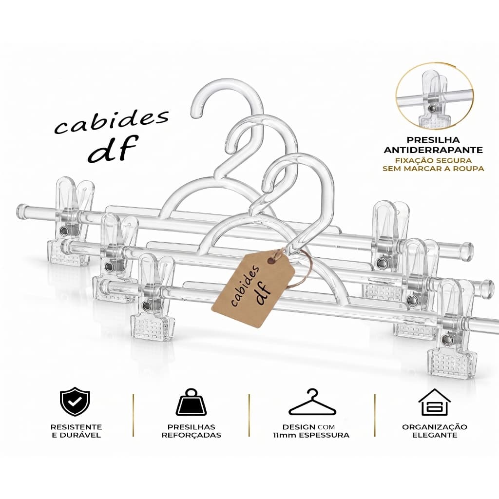 Cabides acrílico cristal C/ Presilhas kit 25 - 50 - 75 P/ Short Saia Bermuda Calça Atacado