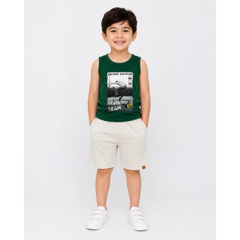 Conjunto Infantil Menino Elian TAM  6 Regata Verde Skate e Bermuda Bege