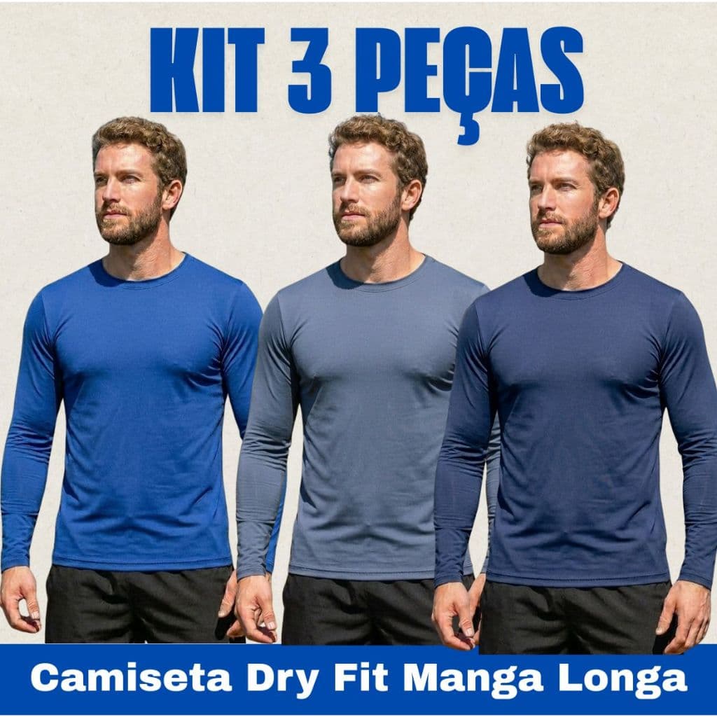 Kit 3 Camiseta Masculina Dry Fit Manga Comprida Longa Premium para Academia Básica Confortável Malha Fria