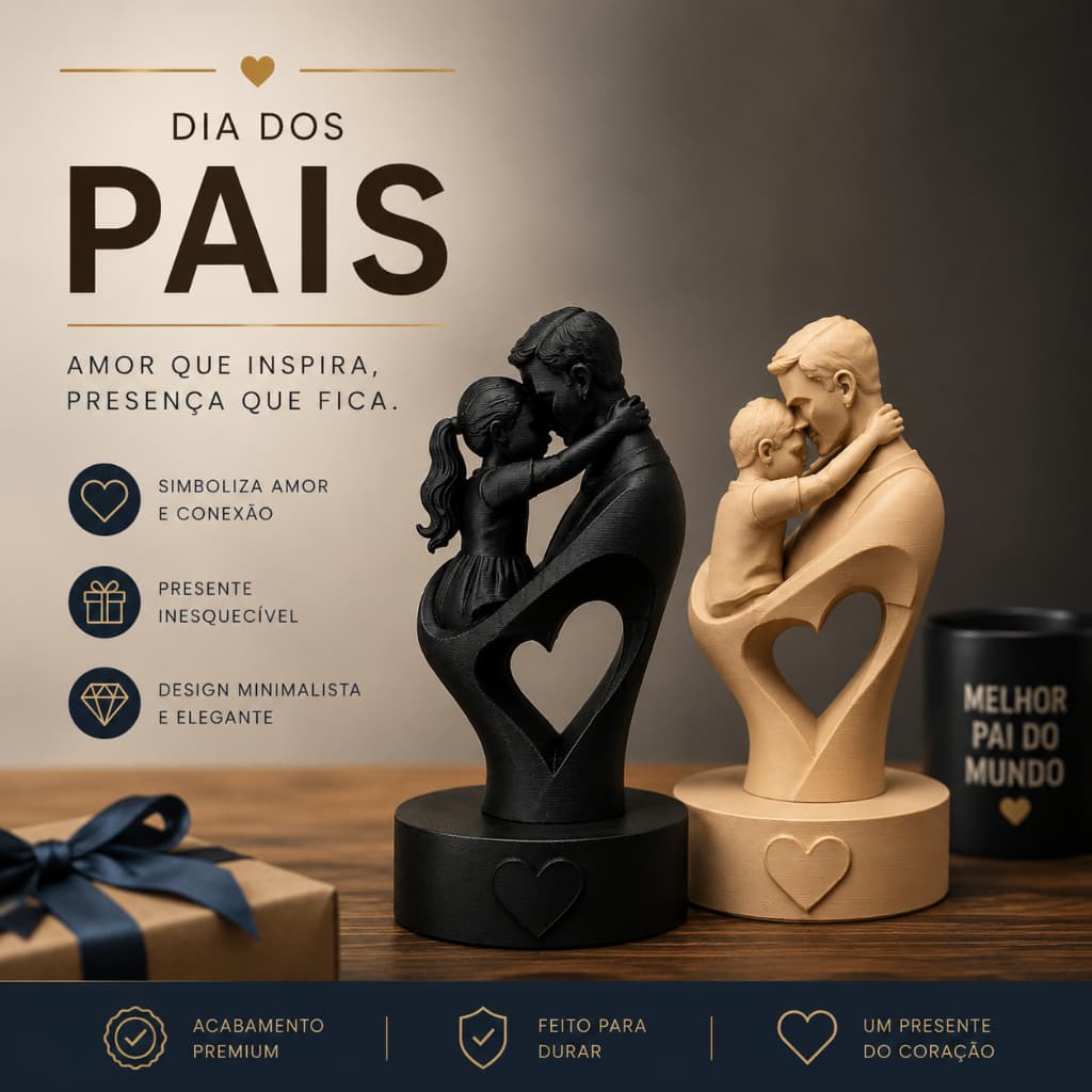 Escultura Dia dos Pais Pai e Filho/Pai e Filha Minimalista Decorativa Presente Premium Branco Preto Areia