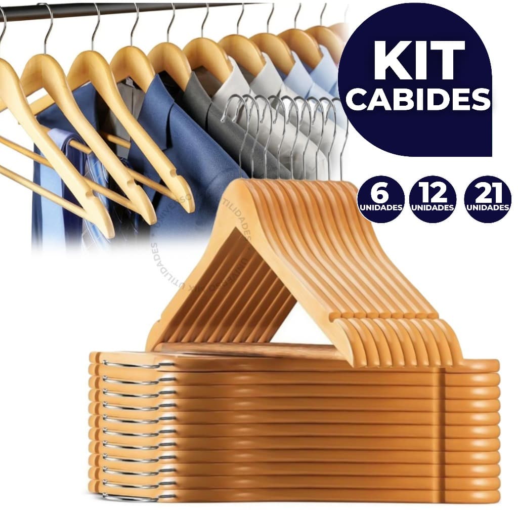 Kit Até 21 Cabides De Madeira Premium Marfim Para Roupas Calça Gancho Cromado