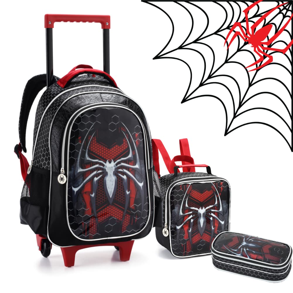 Mochila de Rodinha Menino Infantil Escolar Kit Spider Aranha Dark Reforçado Lancheira Térmica Estojo