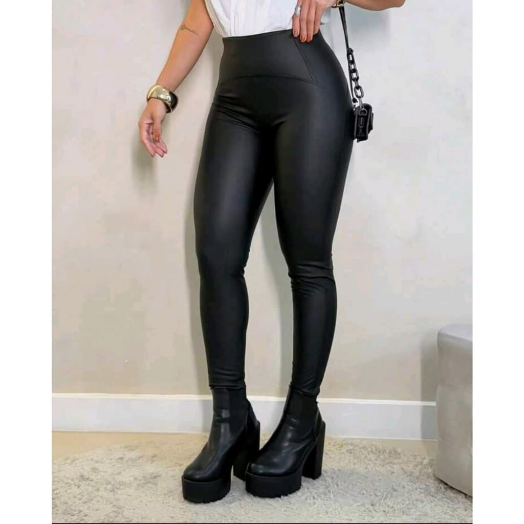 Calça Legging Resinada Feminina Cintura Alta Modeladora Couro Fake Preta Premium Montaria
