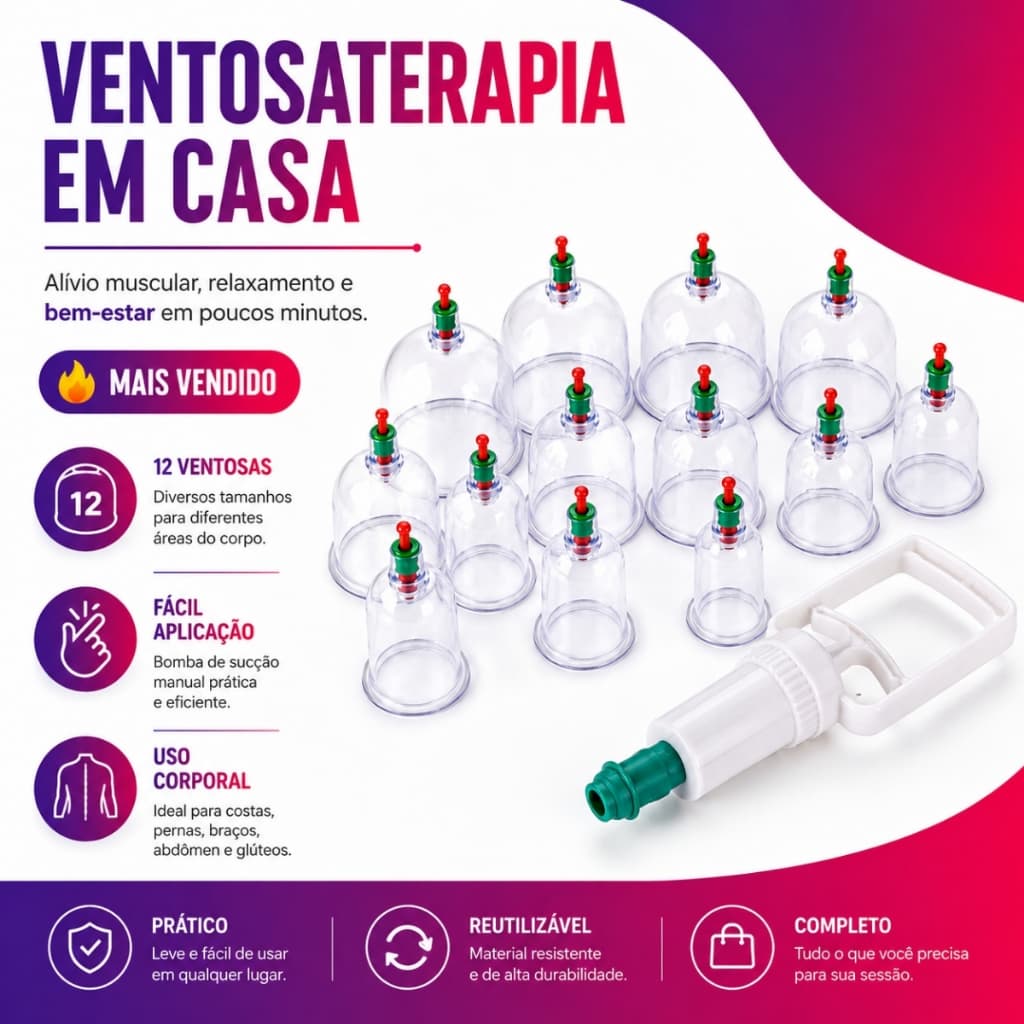Kit Ventosa Terapêutica 12 Peças Acrílico Profissional Pistola Vácuo Alívio Dores Circulação