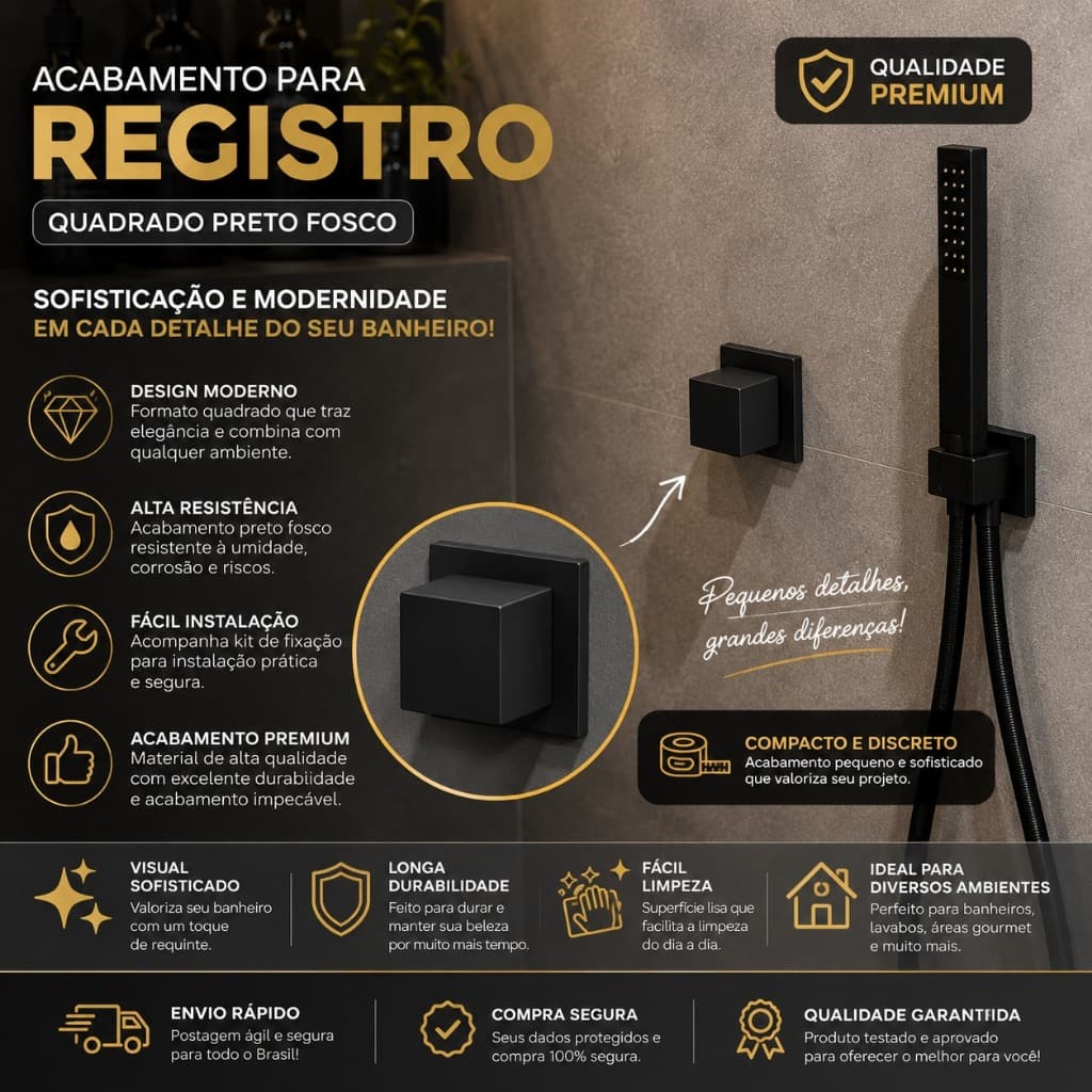 Acabamento de Registro Quadrado Black Premium – 100% Metal
