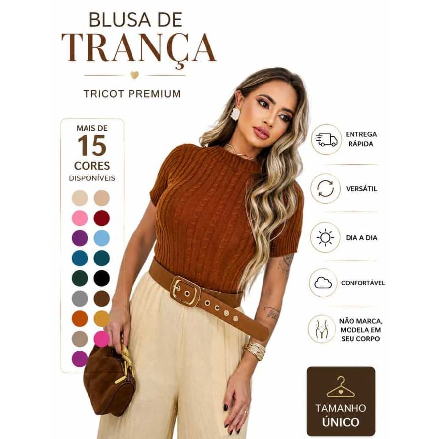 BLUSA TRANÇA TRICOT CONFORTAVEL DIA A DIA FEMININA MODA VERAO ELEGANTE