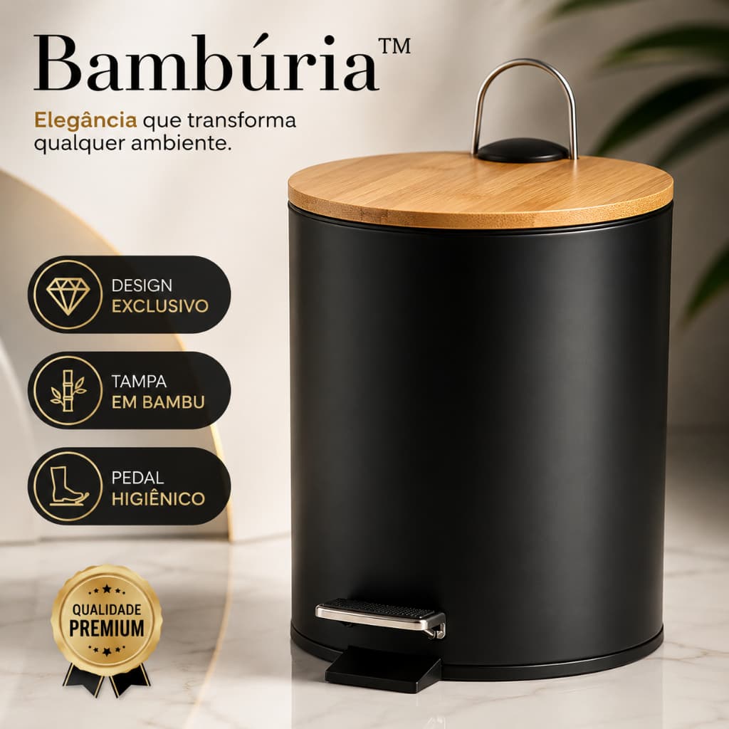 Lixeira Com Pedal 5L Tampa Bambu Bambúria™ Preta Para Banheiro Escritório Lavabo Moderna