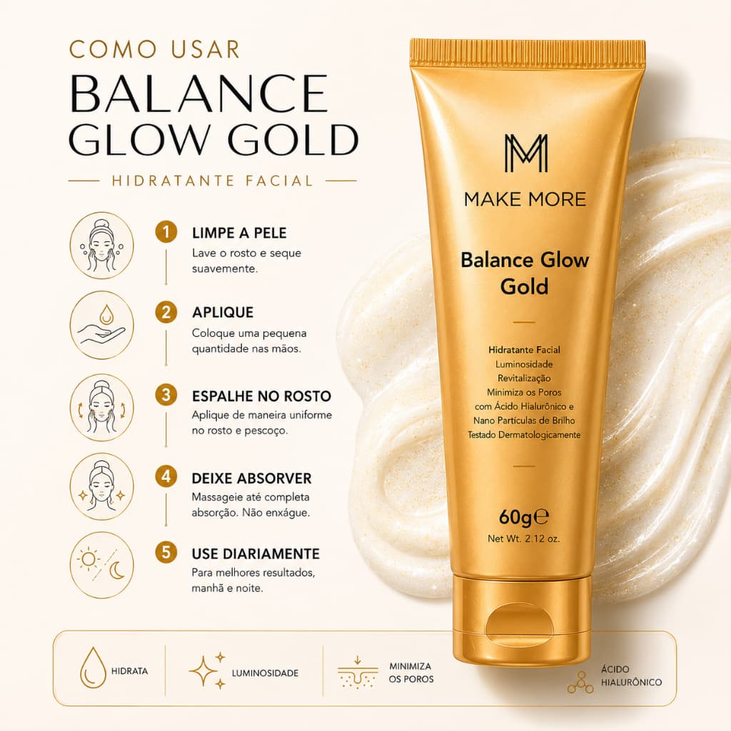 Make More Hidratante Facial Com Brilho Balance Glow Gold 60g