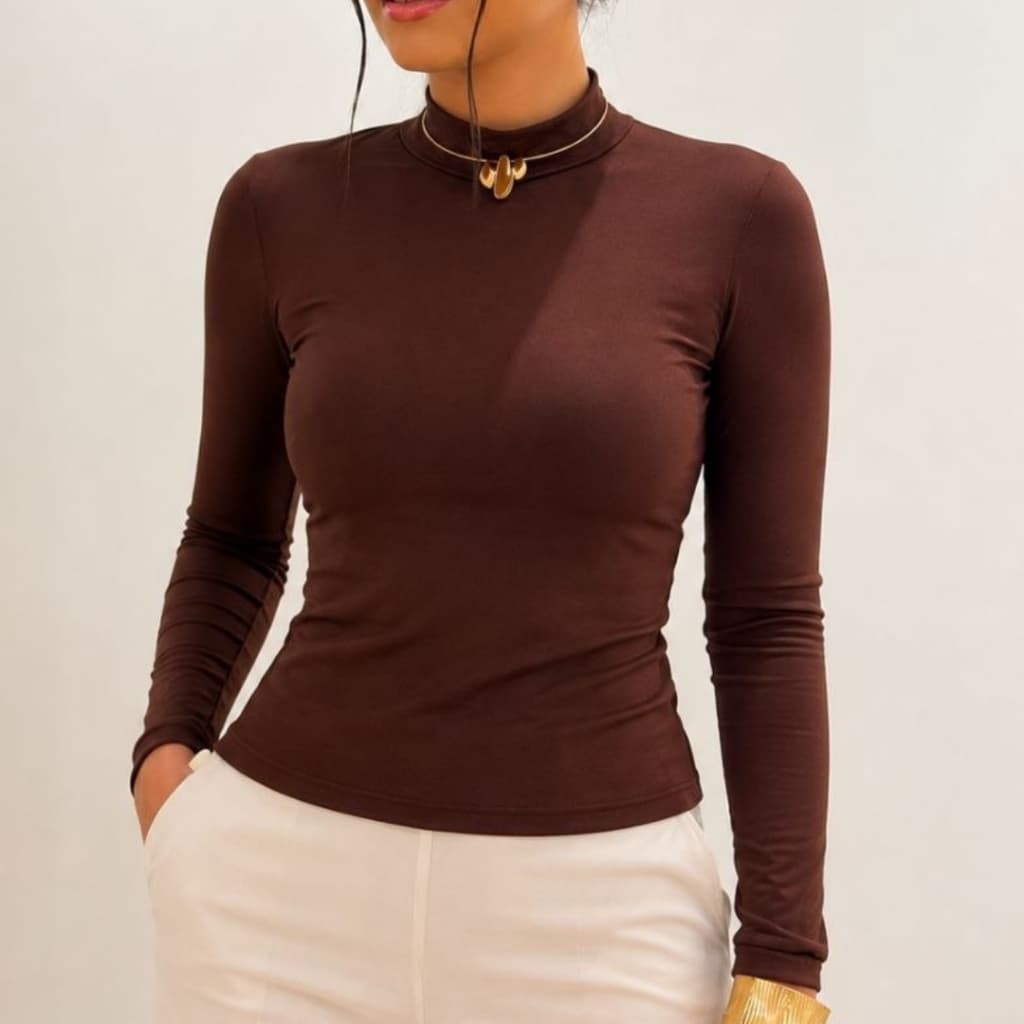 Blusa Femenina Segunda Pele Gola Alta Manga Longa  Casual Básica Ajustada Inverno Moda Feminina