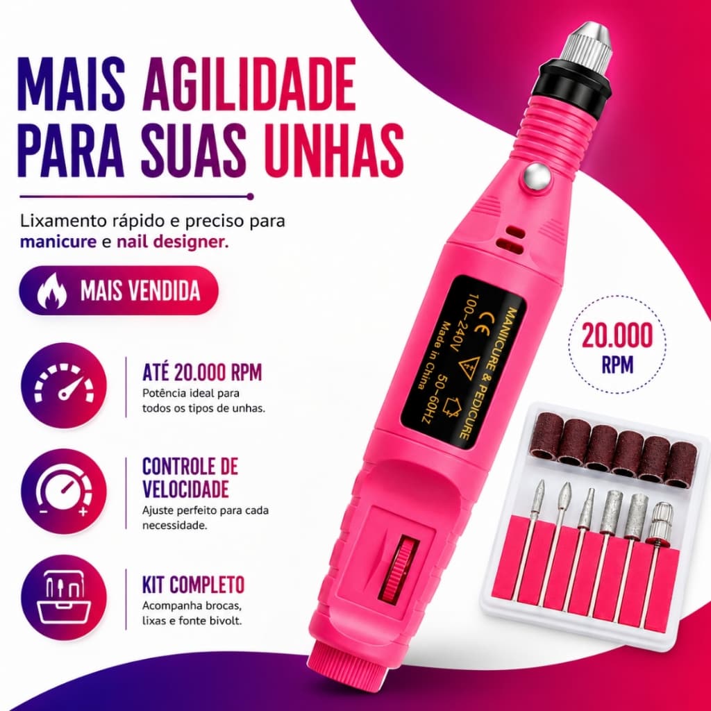 Lixadeira Elétrica Unha Profissional Bivolt Ini Lixa Motor Alta Potência Controle Velocidade Gel Acrílico Natural