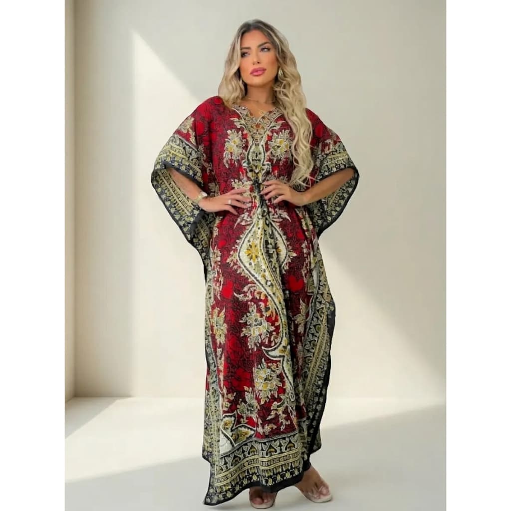 Vestido Indiano Longo Kaftan Estampa Boho Chique em Tamanho Único Diversas Cores