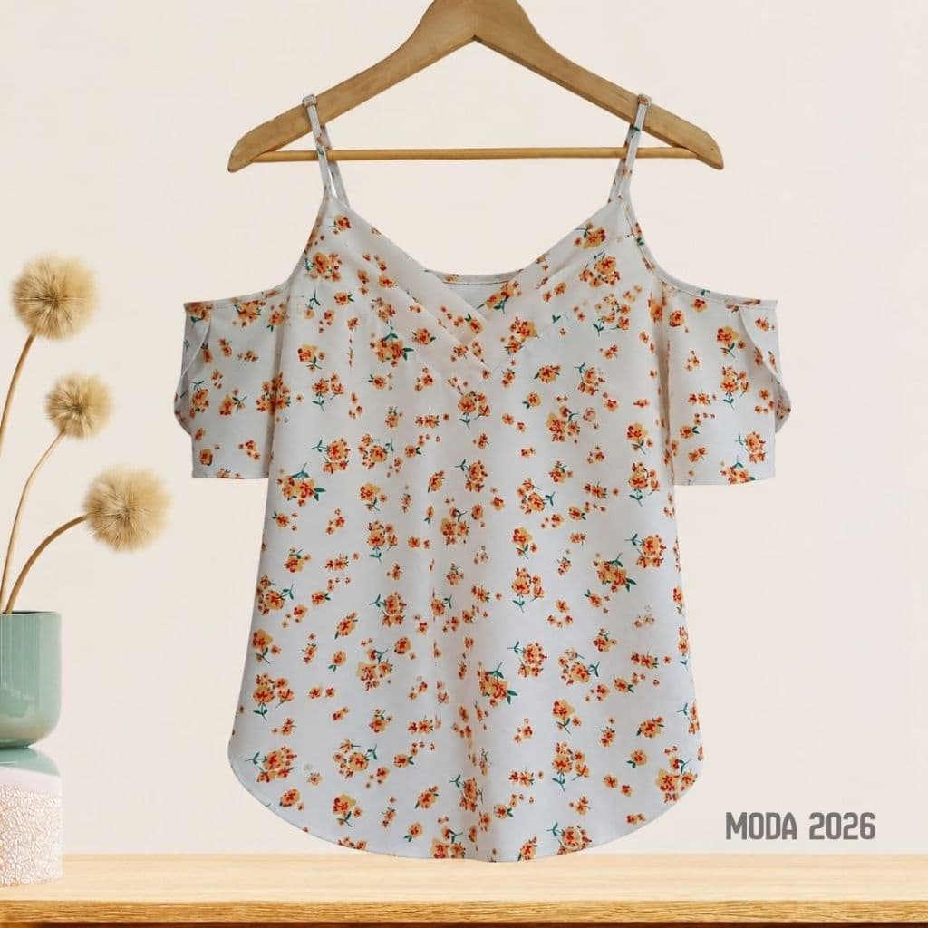 Blusa Feminina Floral Ombro Vazado Alça Fina Moda Casual s\\\Verão Leve Confortáve