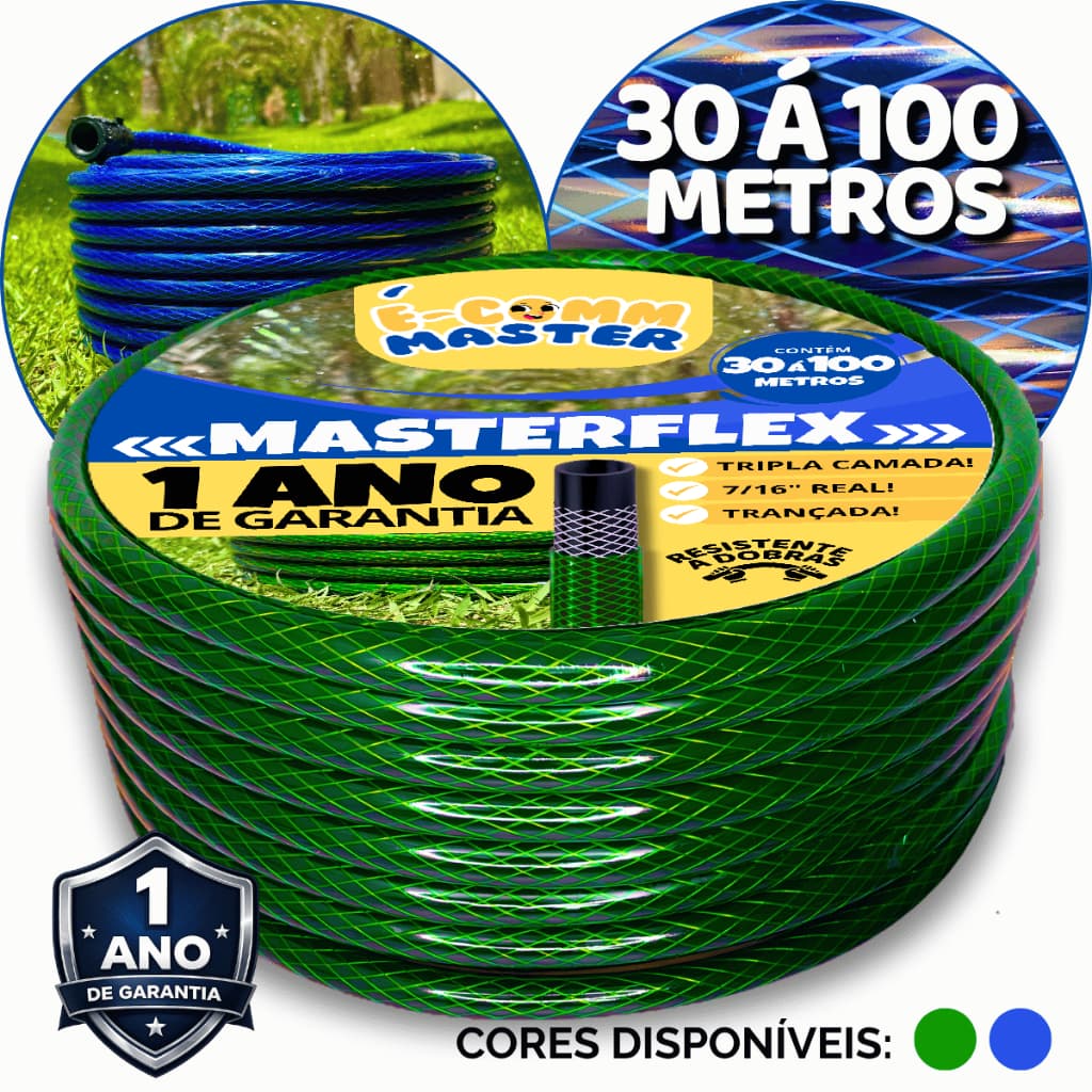 Mangueira de Jardim Verde e Azul 30m á 100m, Trançada Reforçada Tripla Camada, 7/16" Polegadas