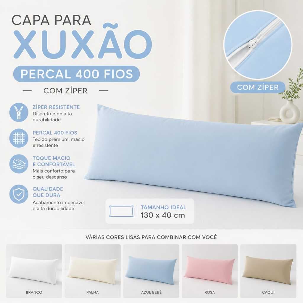 Kit 02 Fronhas Xuxão com zíper ou AVULSO,Percal 400Fios,Travesseiro de Corpo,Gestante,Grávida 130x40