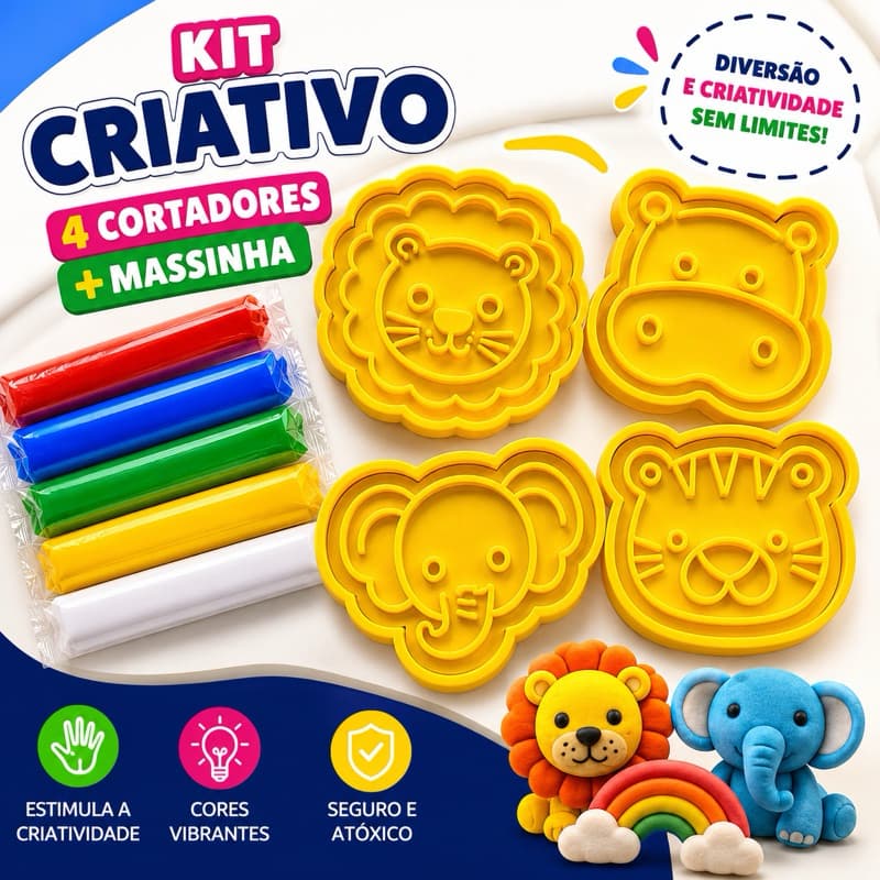 Kit Massinha de Modelar Infantil 6 Cores + 4 Cortadores Bichinhos Brinquedo Educativo Lembrancinha de Aniversário