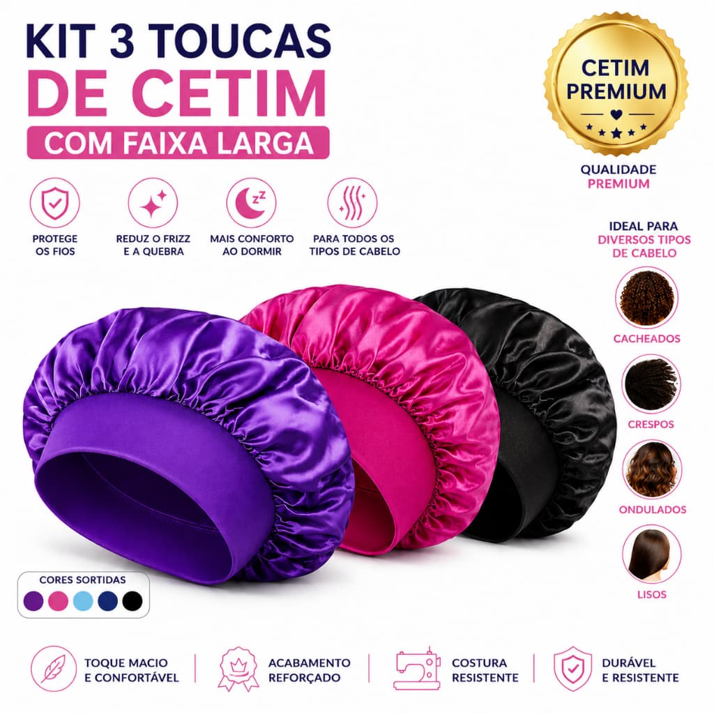 Kit 3 Toucas de Cetim com Faixa Larga Proteção Noturna para Cabelos Anti-Frizz 30 cm, Cores Sortidas