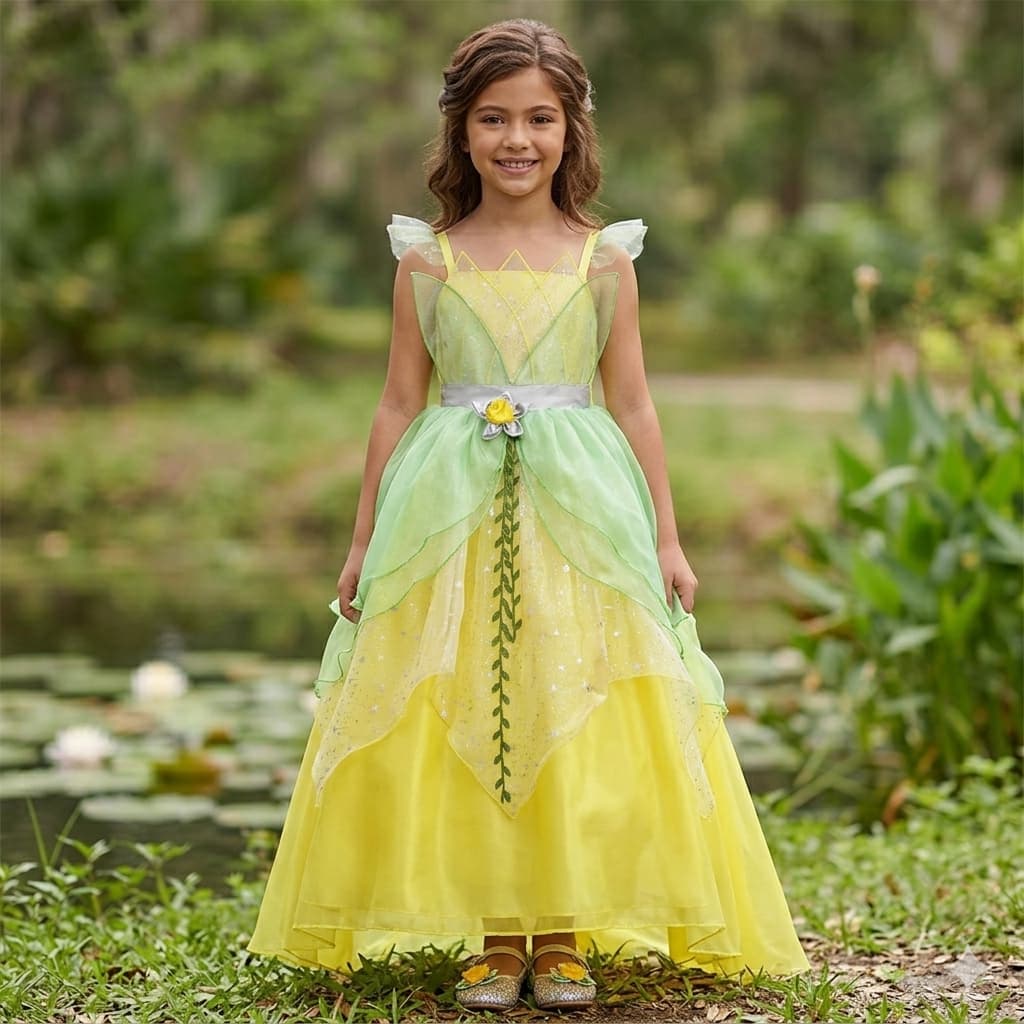 Vestido Fantasia Verde Tiana Princesa Flor Sapo Luxo Premium Clássico Aniversário Contos de Fadas