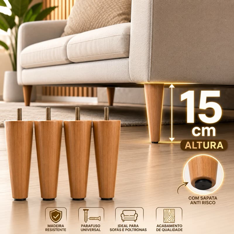 Kit 4 Pés Palito 15cm Madeira Maciça com Chapinha Aço para Sofá Cama Box Rack Aparador Buffet Poltrona Puff Mesinha