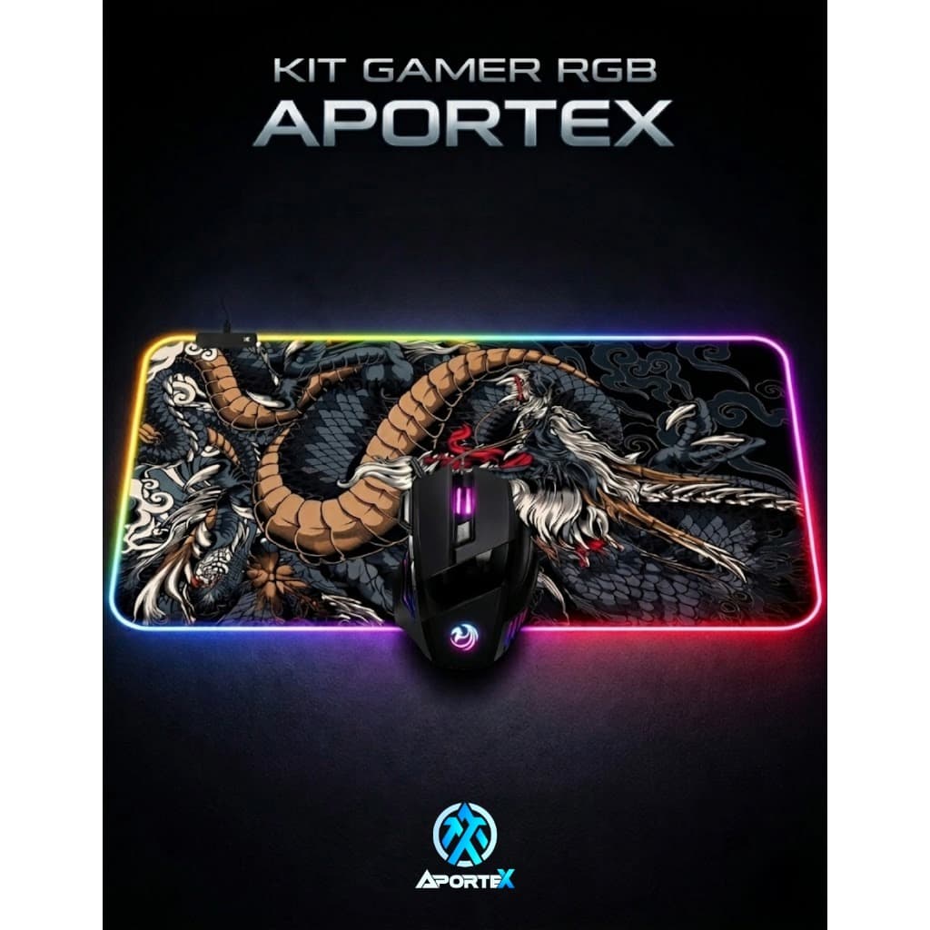 Kit Gamer Aportex Mouse Led Rgb 3200 dpi + Mouse Pad 80x30cm Estampa Dragao Borda RGB