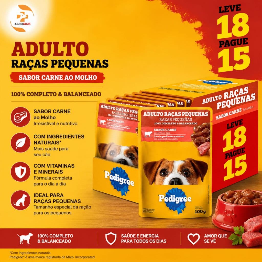Pedigree Sachê Raças Pequena Carne Leve 18 Pague 15