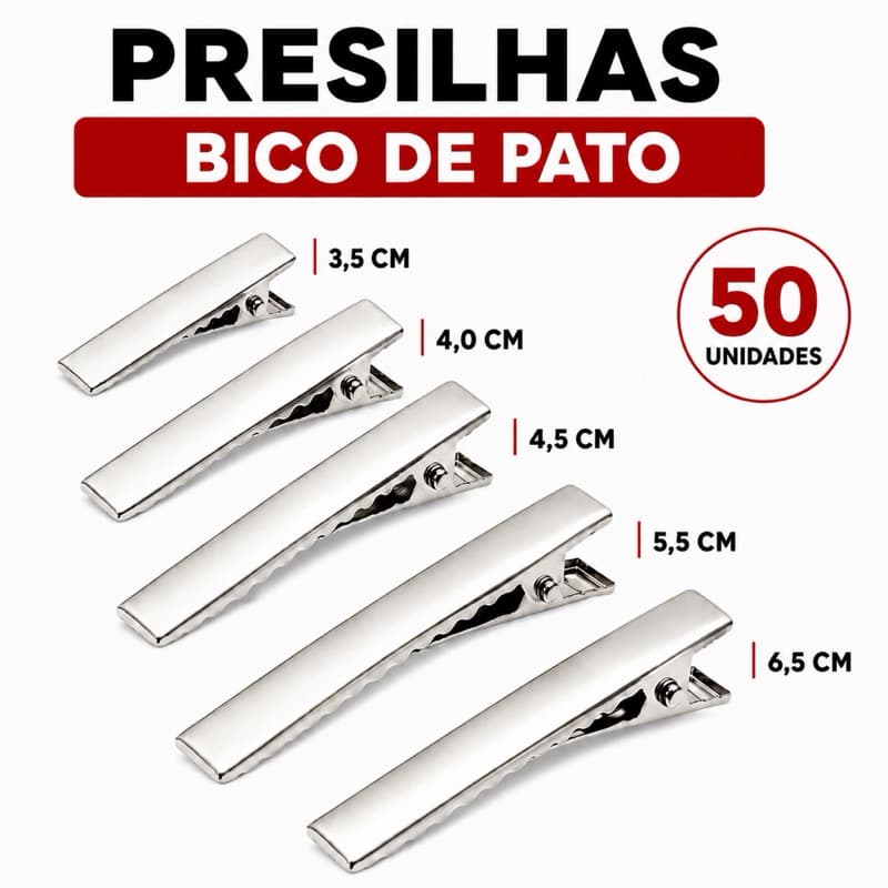 Bico De Pato Prata e Dourado Diversos Tamanhos Pacote com 50 Unidades Presilha Jacaré