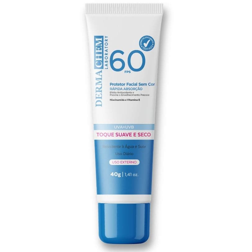 Protetor Solar Facial FPS 60 Dermachem Toque Seco Sem Cor UVA UVB Uso Diário 40g