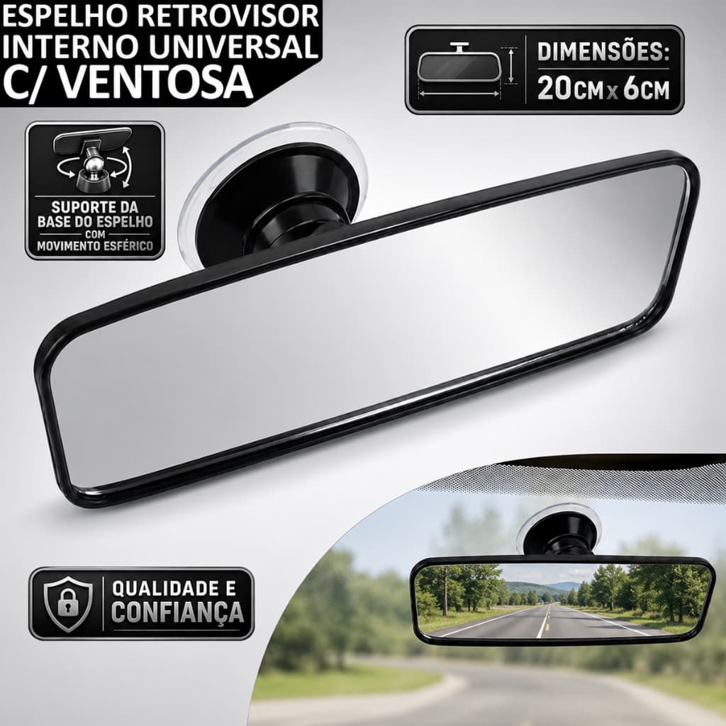 Espelho Retrovisor Interno Universal Ajustável Com Ventosa
