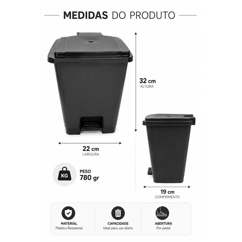 Lixeira Preta com Pedal Multiuso Plástico Resistente Compacta para Qualquer Ambiente  LUM3
