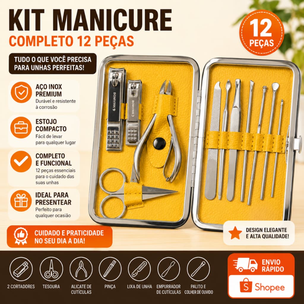Kit 12 peças Cortador Unha Manicure Pedicure Completo Bomvink