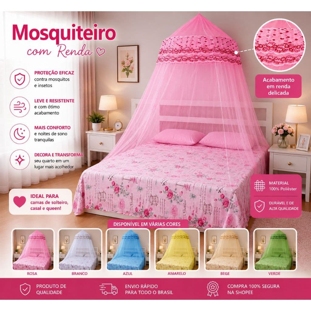 Mosquiteiro Teto Casal King/Queen /Box Mod. Volta Ao Mundo Com Elastico e Renda