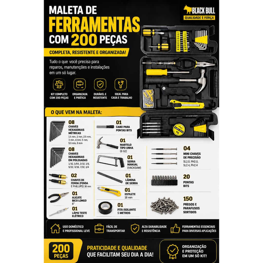 Maleta de Ferramentas 200 Peças Completa Black Bull com Maleta Organizadora
