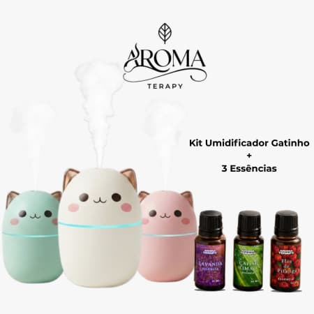 Umidificador de Ar Gatinho + 3 Essências Hidrossolúveis / Kit Umidificador de Ambientes c/ Essências