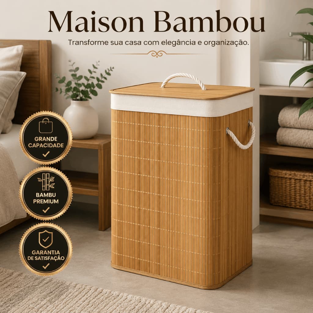 Maison Bambou Élite Cesto Organizador de Roupas 70L com Tampa e Alças em Bambu