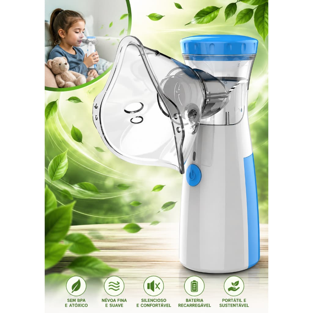 Inalador Nebulizador Portátil Bahrein Usb Pilha Cor Azul Silencioso Aparelho Inalação Compacto Mesh Bivolt Nebulizador C