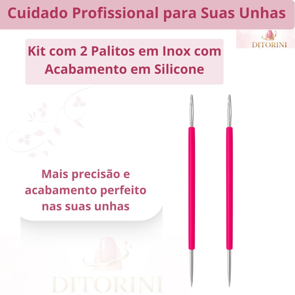 Kit 2 Palitos para Unhas Aço Inox com Silicone Manicure Pedicure Profissional Autoclavável