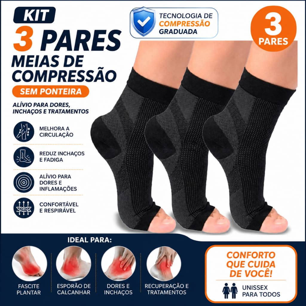 Kit 3 PARES De MEIAS Compressão Sem Ponteira TORNOZELEIRA Para Dores Inchaços E Tratamentos Fascite Esporão Calcanhar