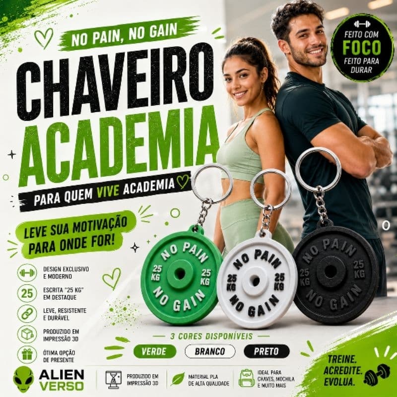 Chaveiro temático de Academia- No Pain No Gain anilha estilosa