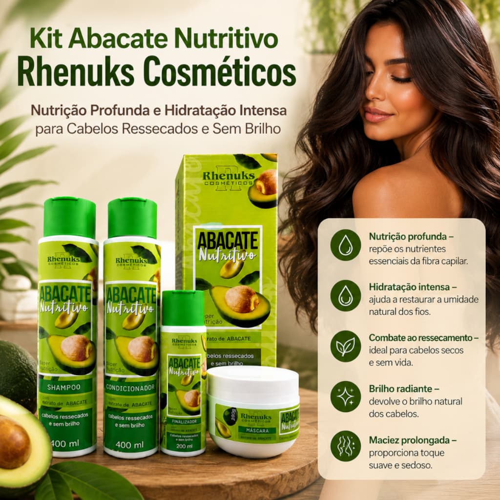 Kit Abacate Rhenuks 4 Itens Hidratação Profunda seus cabelos definidos e bem cuidado - Kit com 4 itens
