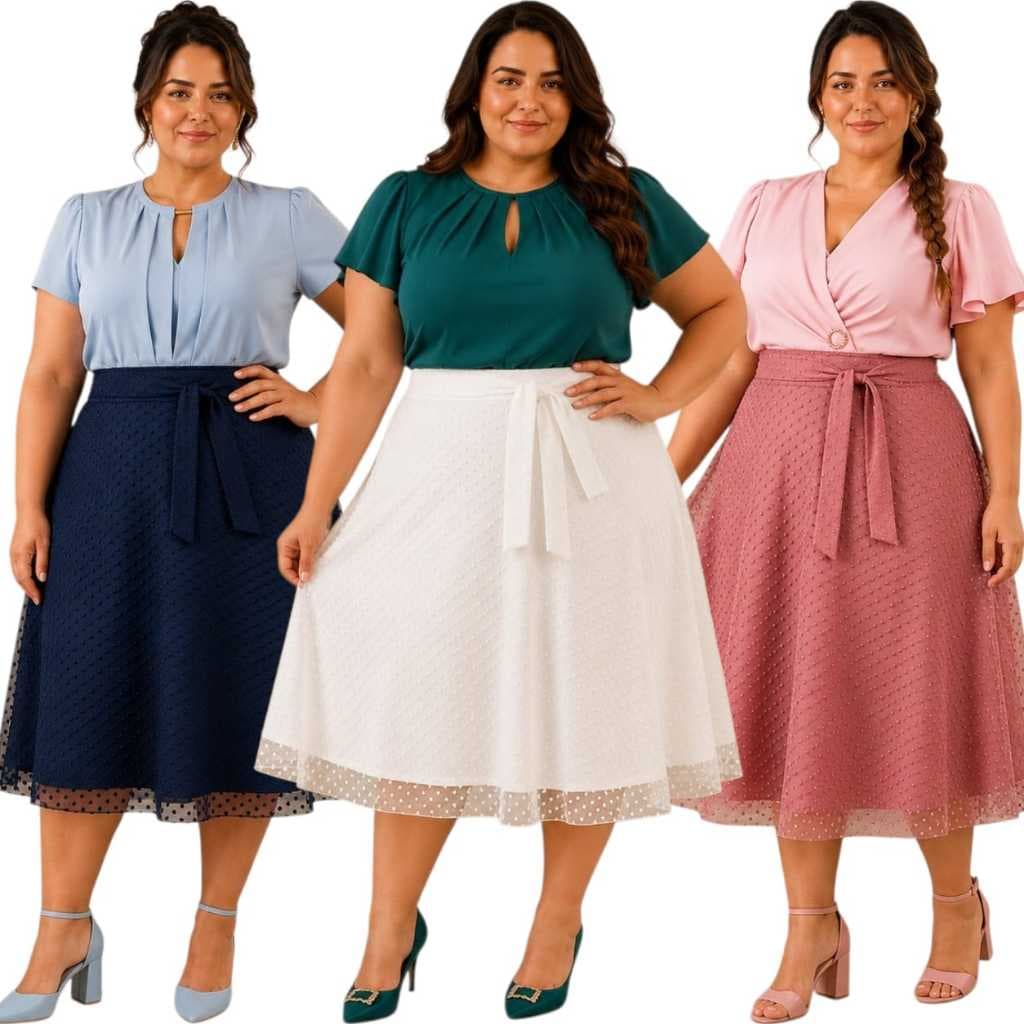 Saia Plus Size Midi Gode com laço na Cintura e Tule em Poa com Forro Moda Cristã Femenina