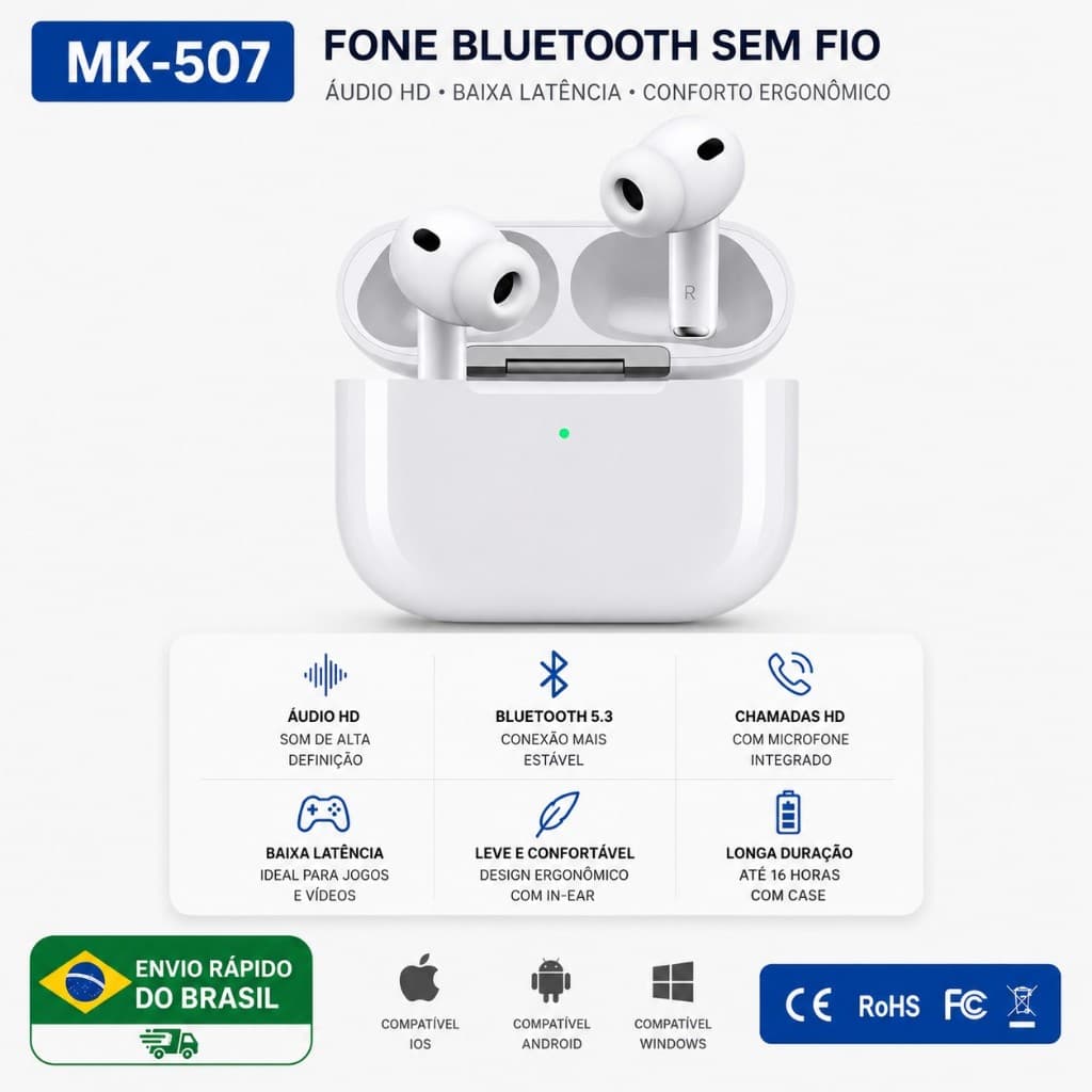 Fone Bluetooth Sem Fio SOMK MK-507 Bluetooth 5.3 Áudio HiFi Microfone HD Baixa Latência Compatível Android e iPhone