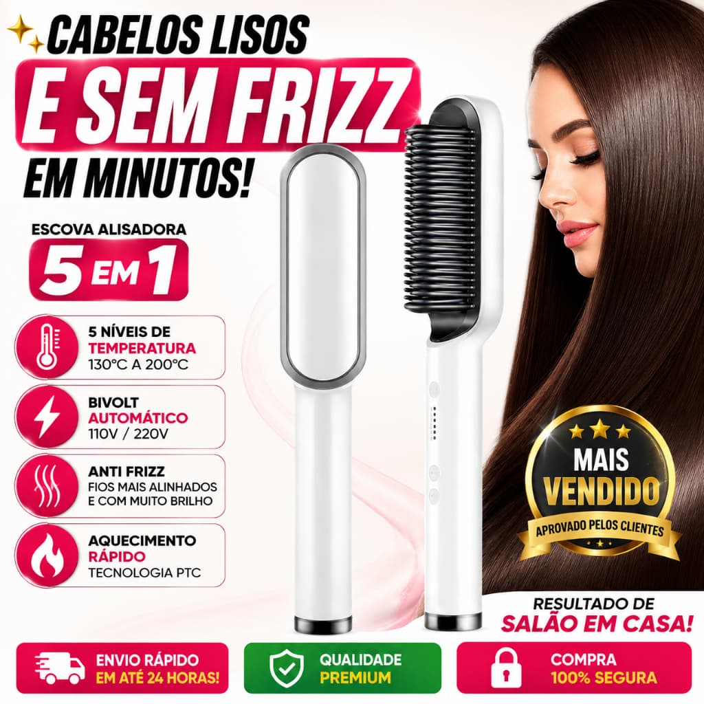 Escova Alisadora Elétrica 5 em 1 Bivolt Anti Frizz Ajuste de Temperatura  Modeladora de Cabelos